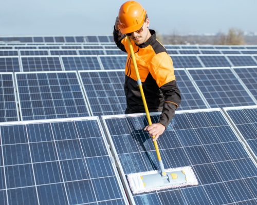 Profesional limpiando placas solares